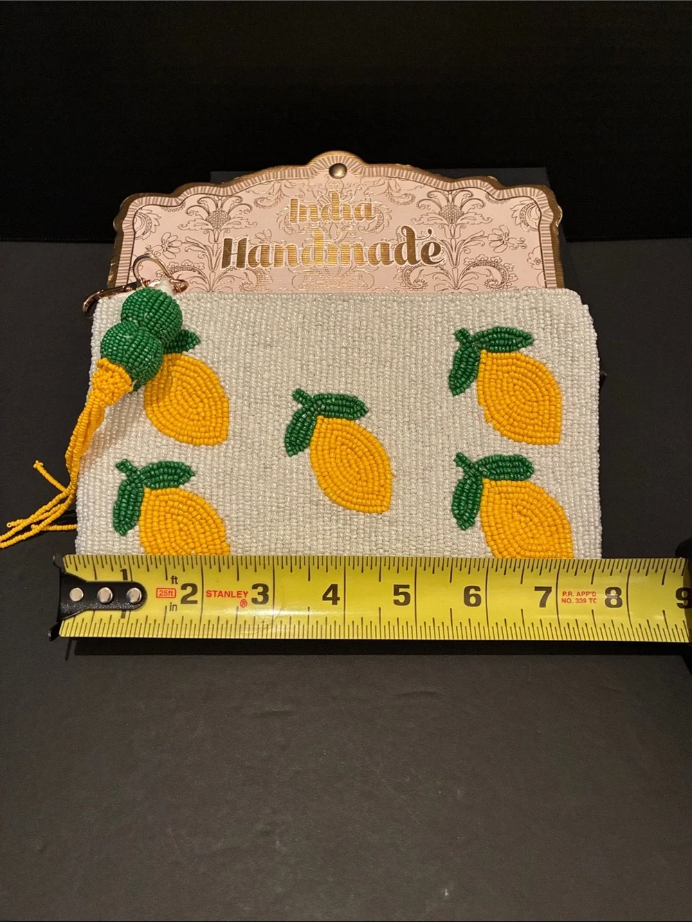 Made in India Handmade White Beaded Lemon 🍋 Pouch - Yellow & Green
